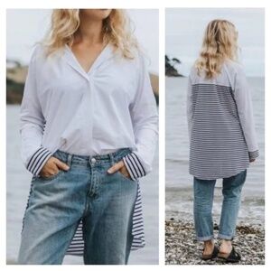 ADAY White and Navy Striped Longline Popover Blouse